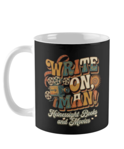 Write On, Man! groovy 1970s retro psychedelic lettering coffee mug with vintage film camera design on black mug - official Heinessight Books and Movies merch