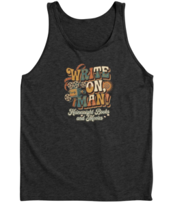 Write On, Man! groovy 1970s retro psychedelic lettering tank top in dark heather with vintage film camera design - official Heinessight Books and Movies merch