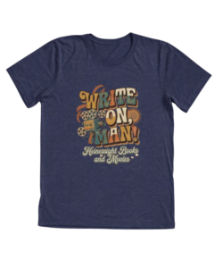 Write On, Man! groovy 1970s retro psychedelic lettering triblend t-shirt in navy blue with vintage film camera design - official Heinessight Books and Movies merch