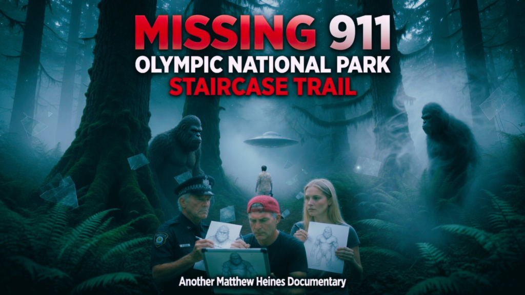 Horizontal movie poster for Missing 911 documentary showing three remote viewers (police officer, man in red cap, and woman) projecting psychic visions of the Staircase Trail scene with Bigfoot creatures, glowing orbs, UFO, and lone hiker in foggy Olympic National Park rainforest