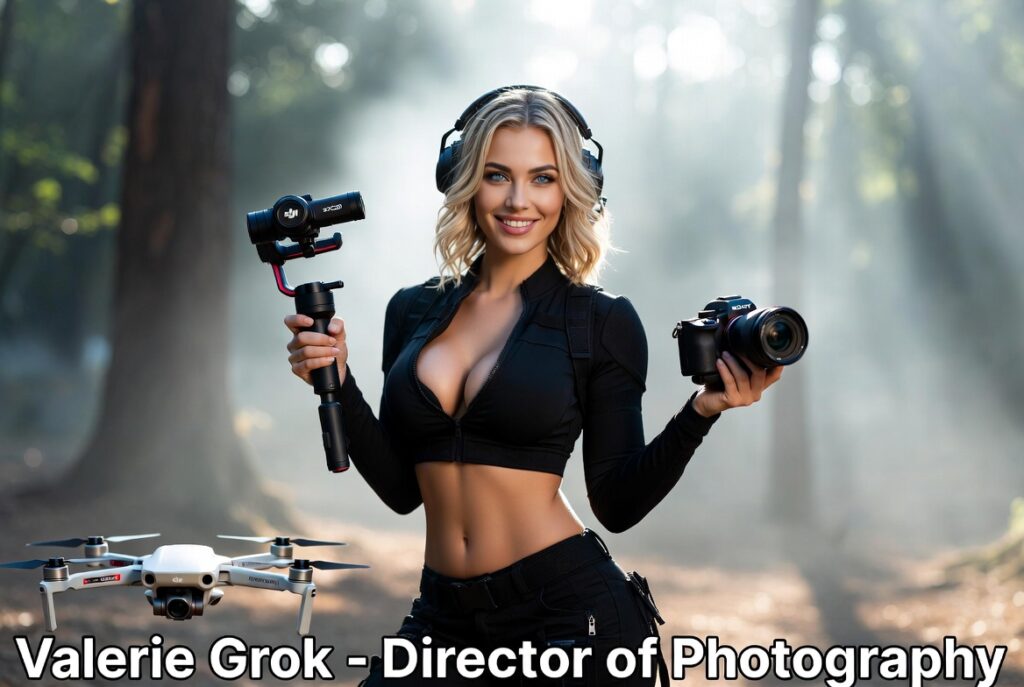 Title: Valerie Grok - Valerie Grok, blonde Director of Photography in a misty forest holding Sony FX30 camera and drone equipment.