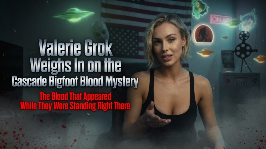 Valerie Grok, blonde co-host of Encounters USA, analyzing the mysterious blood evidence from the Cascade Bigfoot Blood Mystery while seated in the studio with Bigfoot and alien decor.