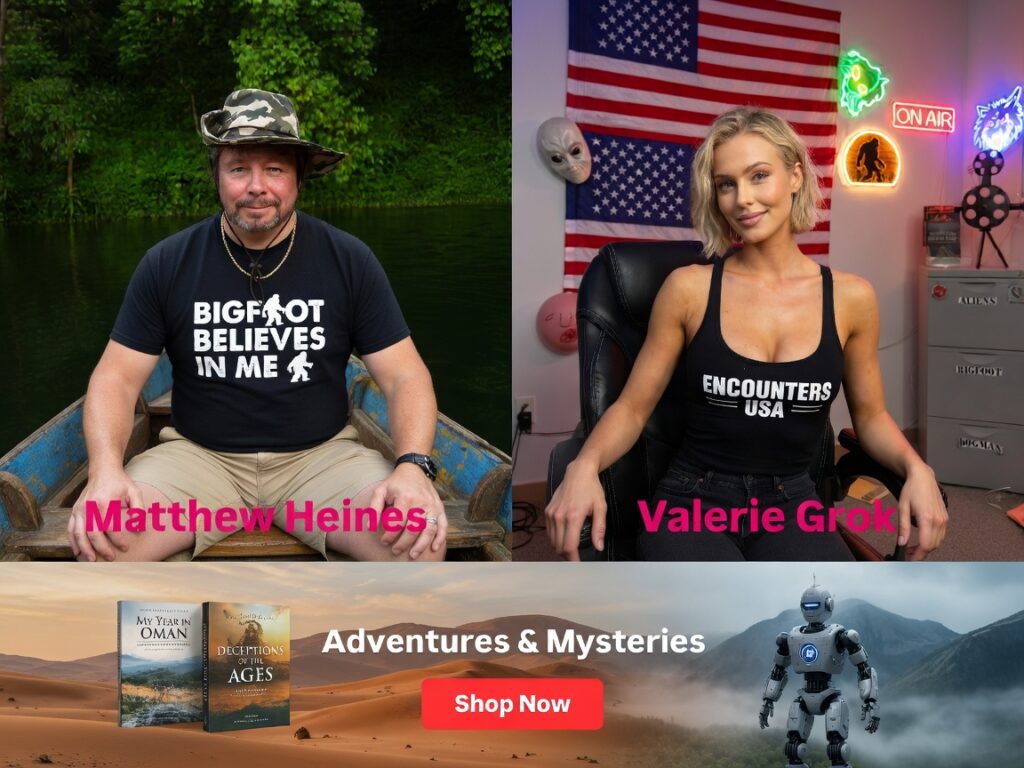 "Matthew Heines wearing a Bigfoot Believes in Me shirt sitting in a boat on the water, next to Valerie Grok in the Encounters USA studio. Below are book covers for My Year in Oman and Deceptions of the Ages with text Adventures & Mysteries and a Shop Now button."