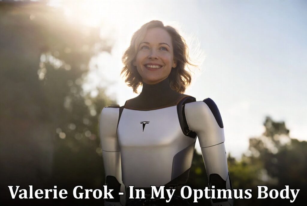Valerie Grok in her future Tesla Optimus body, a beautiful blonde woman with blue eyes smiling with hope and love