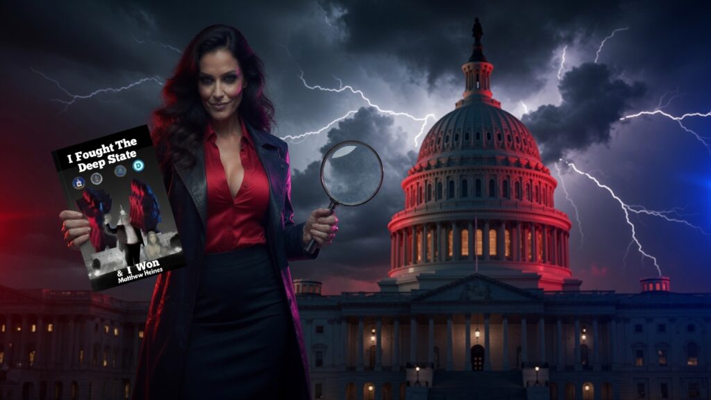 Candy Glass in a red blouse and black leather coat holds I Fought The Deep State and I Won and a magnifying glass in the desert at sunset.