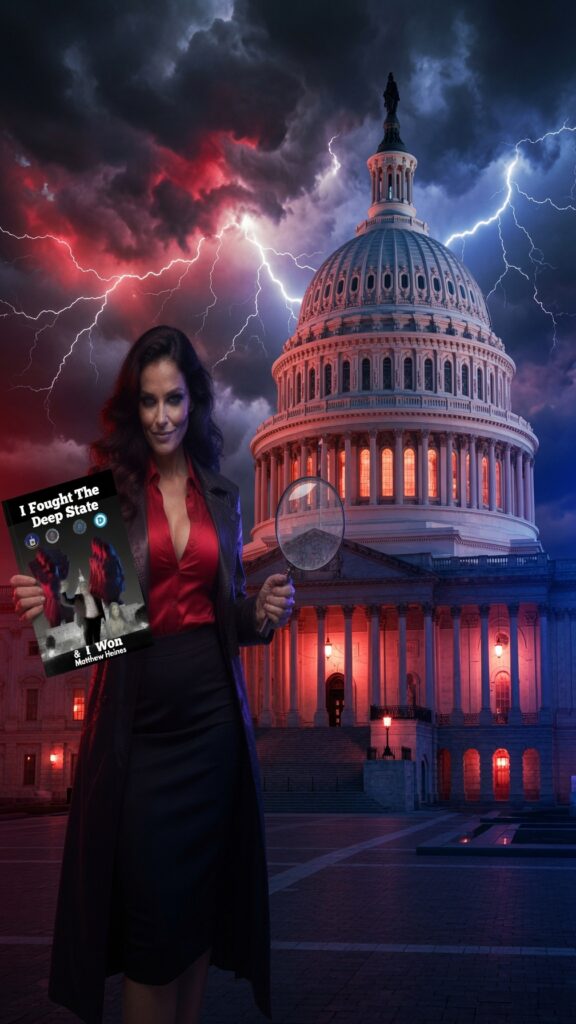 Candy Glass in a red blouse and black leather coat holds I Fought The Deep State and I Won and a magnifying glass in the desert at sunset.