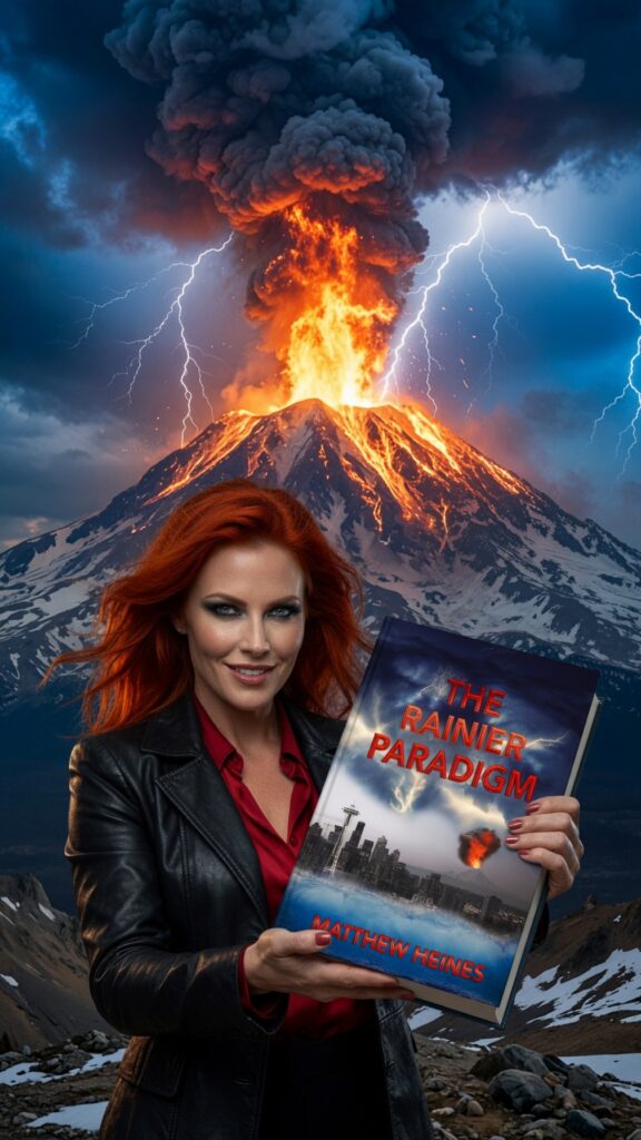 Vertical promo of Elizabeth Dewey holding The Rainier Paradigm with erupting volcano and lightning behind her.