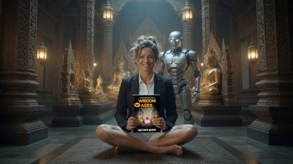 Hannah Heinessights sits in a temple with Buddha statues and a robot behind her, holding Wisdom For The Ages China Virus Special Edition.