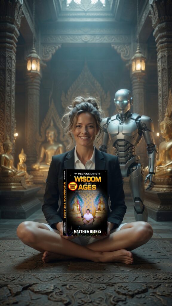 Hannah Heinessights sits cross-legged in a temple with golden Buddha statues, a silver robot behind her, holding the book Wisdom For The Ages China Virus Special Edition.