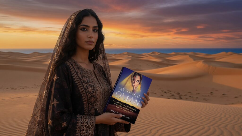 Layla Oasis in traditional dress and headscarf holds the book My Year in Oman while standing in desert dunes at sunset.