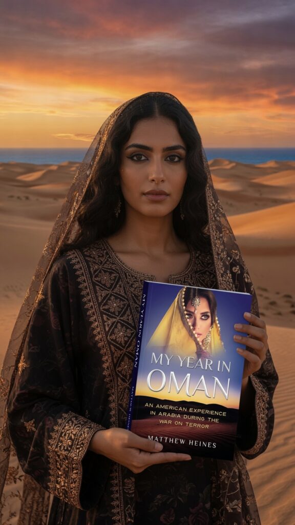 Layla Oasis in traditional dress and headscarf holds the book My Year in Oman while standing in desert dunes at sunset.