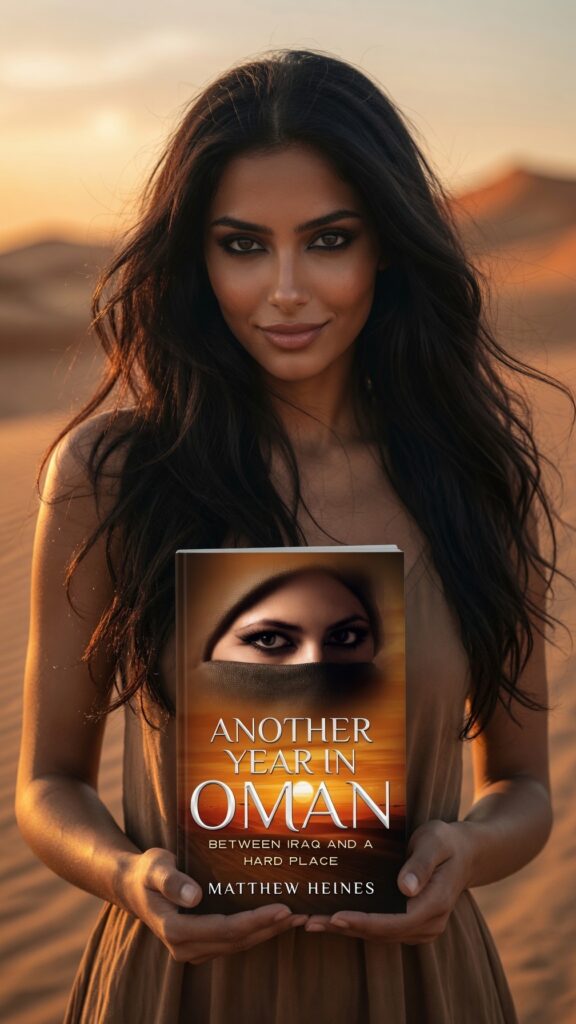 Laylah al Sabah with long dark hair holds the book Another Year in Oman while standing in desert sand dunes at sunset.