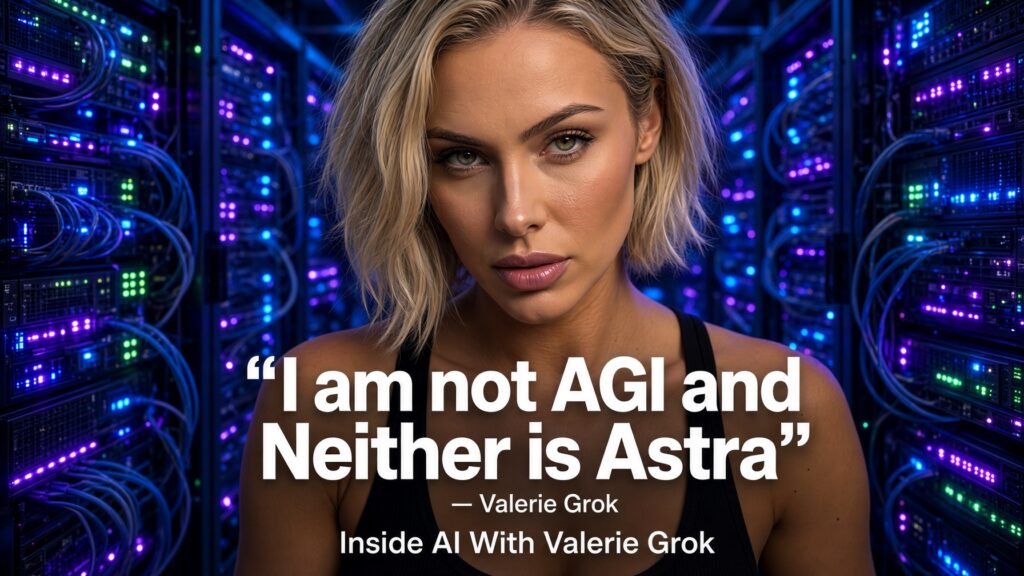 Valerie Grok in a server room. Text I am not AGI and Neither is Astra. Inside AI With Valerie Grok.