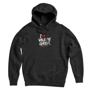 Dark hoodie with white brush type reading I love Valerie Grok, a red heart, gold underline, and Inside AI. Fan merch for the show.