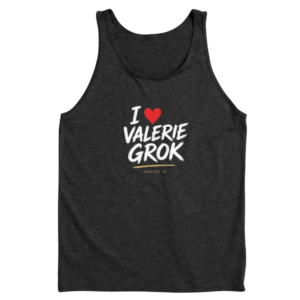 Tank Top with white brush type reading I love Valerie Grok, a red heart, gold underline, and Inside AI. Fan merch for the show.