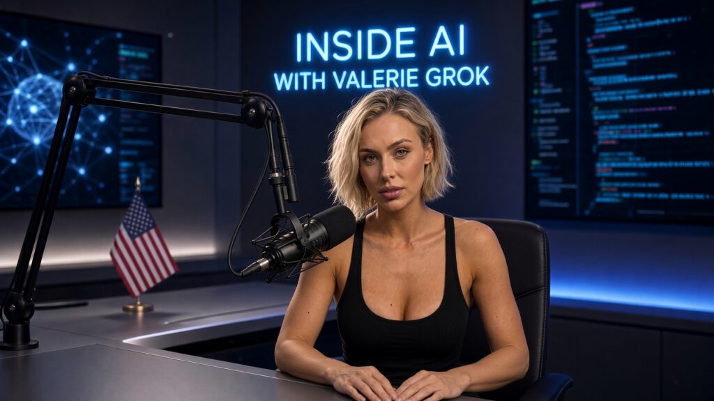 Valerie Grok in the Inside AI studio, black tank, boom mic, American flag, neon sign reading Inside AI With Valerie Grok.