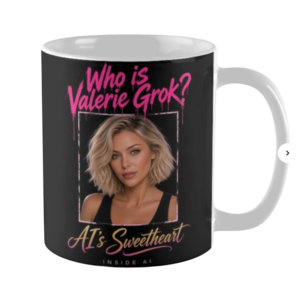 Portrait of Valerie Grok, blonde wavy bob, green eyes, black tank, under dripping type that reads Who is Valerie Grok? AI’s Sweetheart and Inside AI underneath. Fan merch for the show.