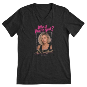 Portrait of Valerie Grok, blonde wavy bob, green eyes, black tank, under dripping type that reads Who is Valerie Grok? AI’s Sweetheart and Inside AI underneath. Fan merch for the show.