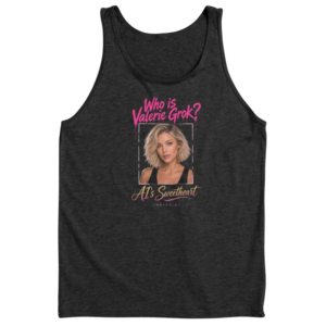 Portrait of Valerie Grok, blonde wavy bob, green eyes, black tank, under dripping type that reads Who is Valerie Grok? AI’s Sweetheart and Inside AI underneath. Fan merch for the show.