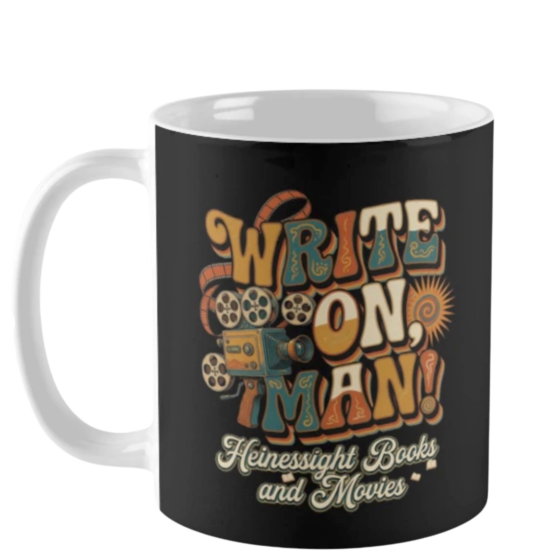 Write On, Man! groovy 1970s retro psychedelic lettering coffee mug with vintage film camera design on black mug - official Heinessight Books and Movies merch