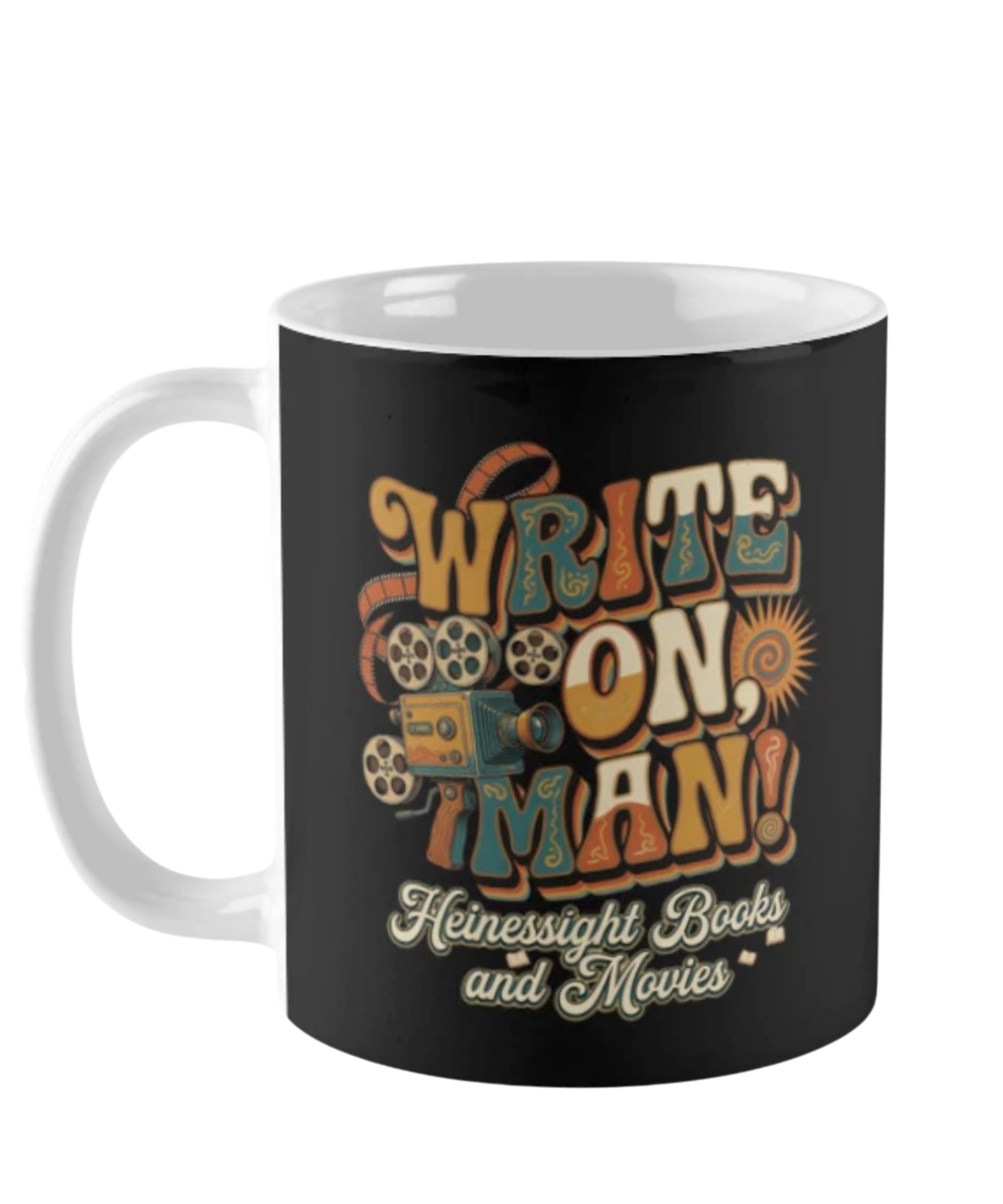 Write On, Man! groovy 1970s retro psychedelic lettering coffee mug with vintage film camera design on black mug - official Heinessight Books and Movies merch