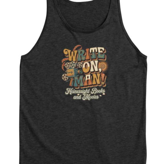 Write On, Man! groovy 1970s retro psychedelic lettering tank top in dark heather with vintage film camera design - official Heinessight Books and Movies merch