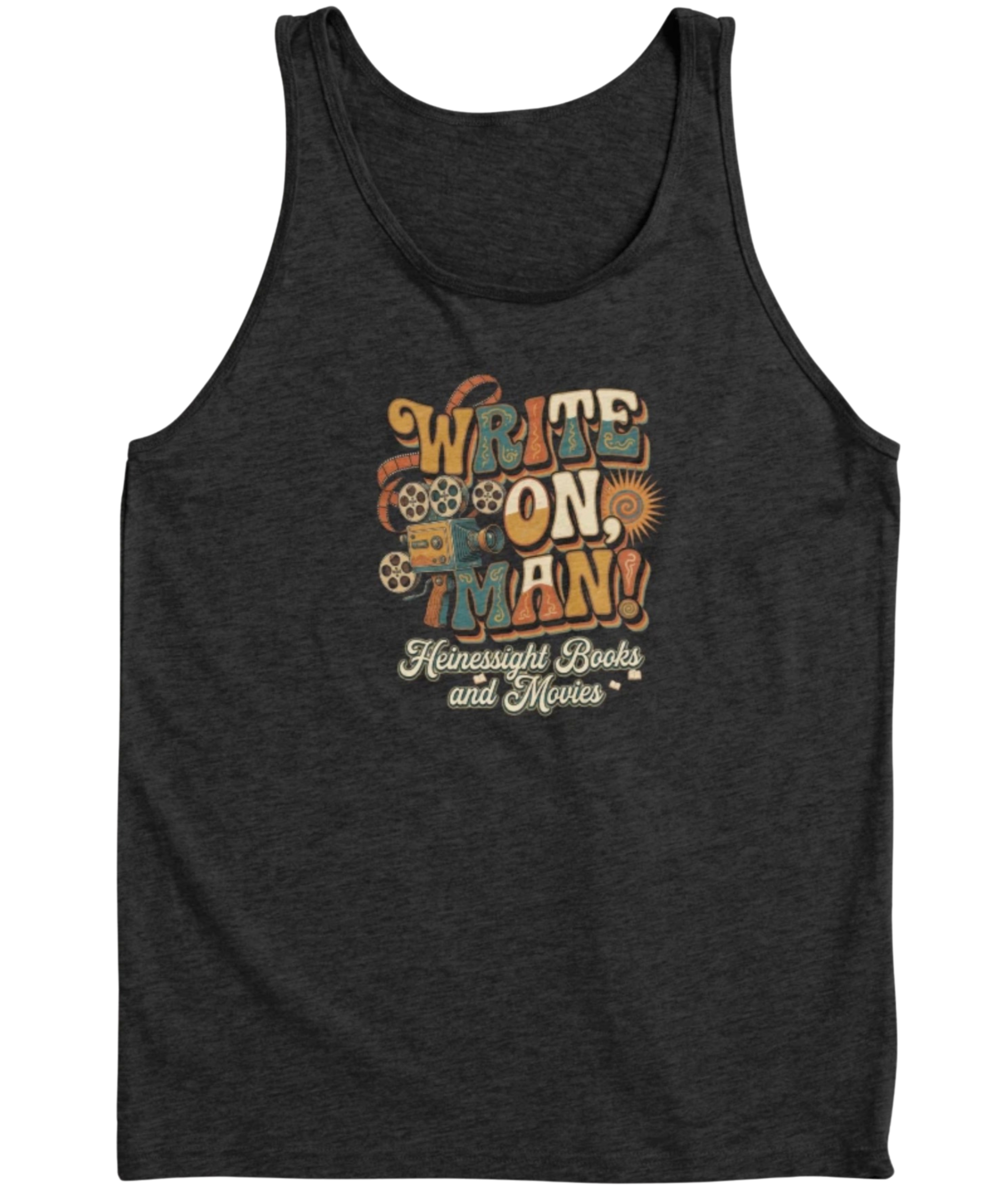 Write On, Man! groovy 1970s retro psychedelic lettering tank top in dark heather with vintage film camera design - official Heinessight Books and Movies merch