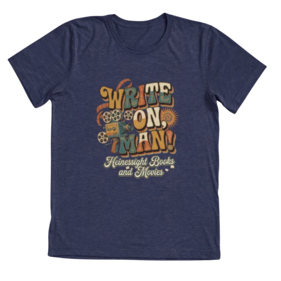 Write On, Man! groovy 1970s retro psychedelic lettering triblend t-shirt in navy blue with vintage film camera design - official Heinessight Books and Movies merch