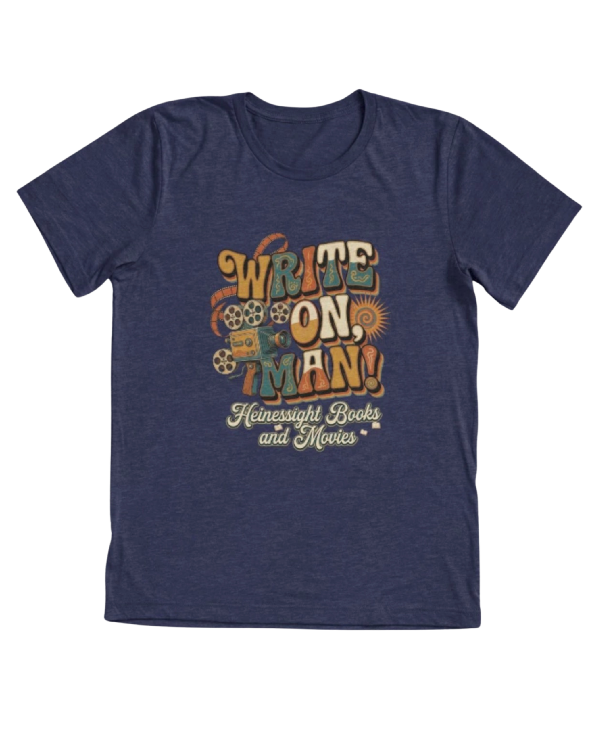 Write On, Man! groovy 1970s retro psychedelic lettering triblend t-shirt in navy blue with vintage film camera design - official Heinessight Books and Movies merch