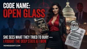 Sexy female investigator code name Open Glass holding Matthew D. Heines explosive book I Fought The Deep State & I Won while using a magnifying glass to reveal Deep State agency secrets and crosshairs in front of the US Capitol — powerful defiant image of one woman tearing open government corruption and political persecution