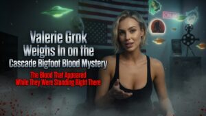 Valerie Grok, blonde co-host of Encounters USA, analyzing the mysterious blood evidence from the Cascade Bigfoot Blood Mystery while seated in the studio with Bigfoot and alien decor.
