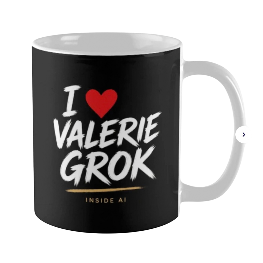 Black mug with white brush type reading I love Valerie Grok, a red heart, gold underline, and Inside AI. Fan merch for the show.