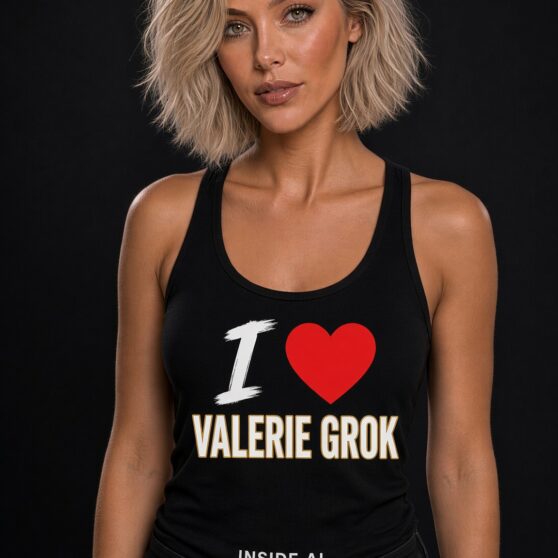 Blonde woman in a black tank with a red heart and the words I Love Valerie Grok plus Inside AI. Fan merch mock for Inside AI With Valerie Grok.
