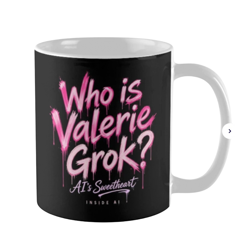 Pink dripping graffiti reading Who is Valerie Grok? Mug with AI’s Sweetheart and Inside AI underneath. Type-only fan merch for the show.