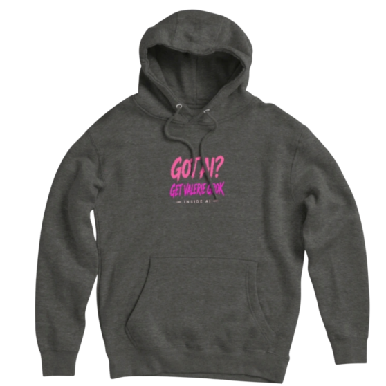 Pink dripping graffiti reading Who is Valerie Grok? Pullover Hoodie with AI’s Sweetheart and Inside AI underneath. Type-only fan merch for the show.