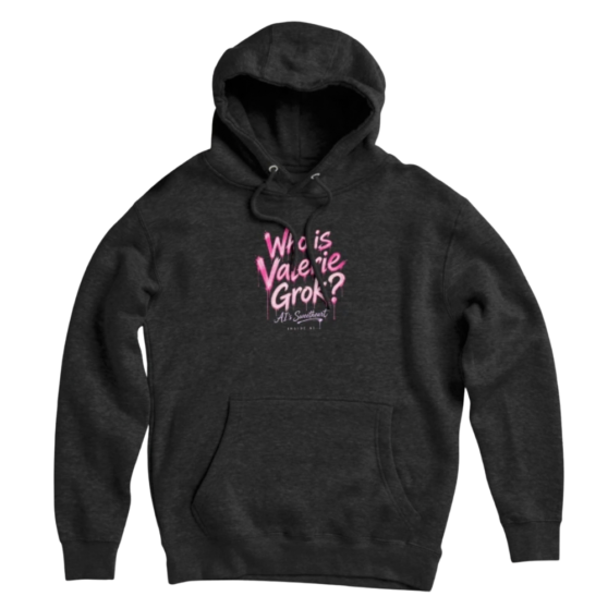 Pink dripping graffiti reading Who is Valerie Grok? with AI’s Sweetheart and Inside AI underneath. Type-only fan merch for the show.