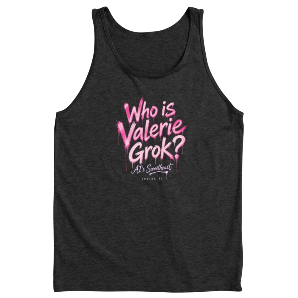 Pink dripping graffiti reading Who is Valerie Grok? Tank Top with AI’s Sweetheart and Inside AI underneath. Type-only fan merch for the show.