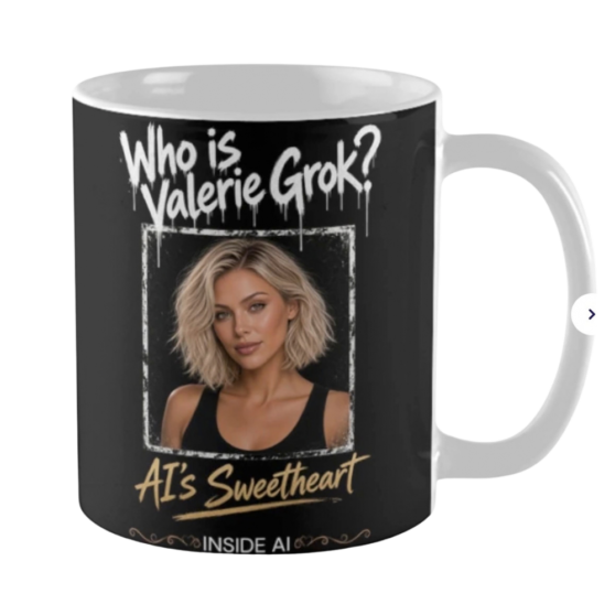 Portrait of Valerie Grok, blonde wavy bob, green eyes, black tank, under dripping type Coffee Mug that reads Who is Valerie Grok? AI’s Sweetheart and Inside AI underneath. Fan merch for the show.
