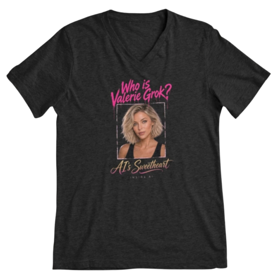Portrait of Valerie Grok, blonde wavy bob, green eyes, black tank, under dripping type that reads Who is Valerie Grok? AI’s Sweetheart and Inside AI underneath. Fan merch for the show.