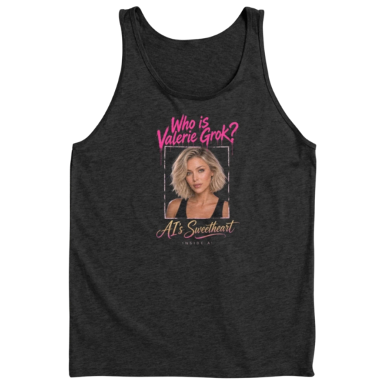 Portrait of Valerie Grok, blonde wavy bob, green eyes, black tank, under dripping type that reads Who is Valerie Grok? AI’s Sweetheart and Inside AI underneath. Fan merch for the show.