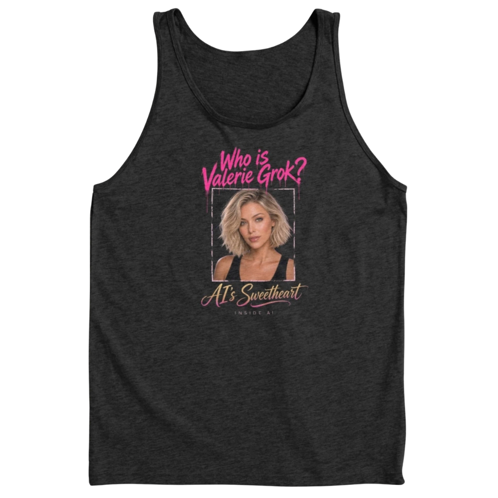 Portrait of Valerie Grok, blonde wavy bob, green eyes, black tank, under dripping type that reads Who is Valerie Grok? AI’s Sweetheart and Inside AI underneath. Fan merch for the show.