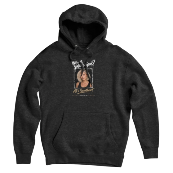 Pullover Hoodie Portrait of Valerie Grok, blonde wavy bob, green eyes, black tank, under dripping type that reads Who is Valerie Grok? AI’s Sweetheart and Inside AI underneath. Fan merch for the show.