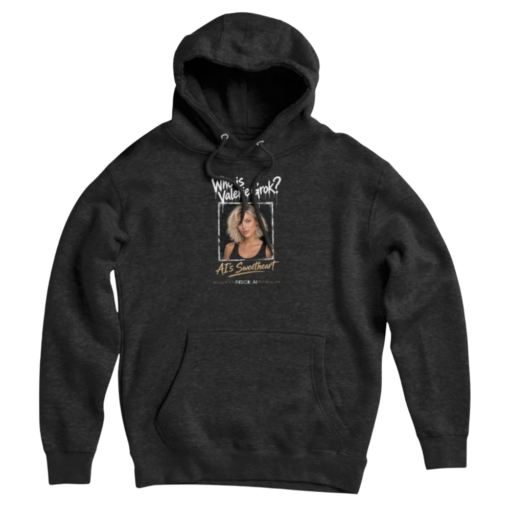 Pullover Hoodie Portrait of Valerie Grok, blonde wavy bob, green eyes, black tank, under dripping type that reads Who is Valerie Grok? AI’s Sweetheart and Inside AI underneath. Fan merch for the show.