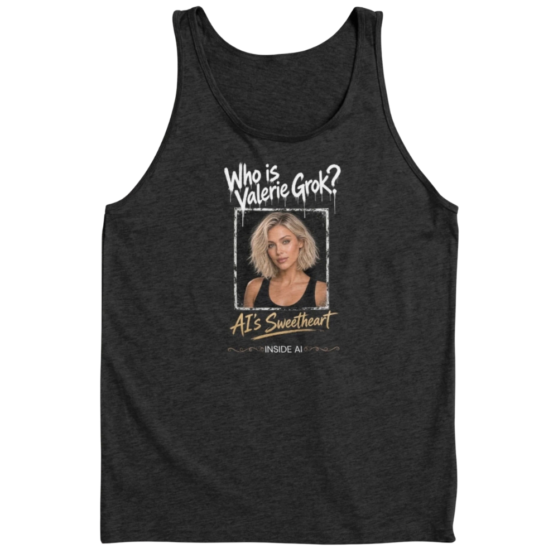 Portrait of Valerie Grok Tank Top, blonde wavy bob, green eyes, black tank, under dripping type that reads Who is Valerie Grok? AI’s Sweetheart and Inside AI underneath. Fan merch for the show.