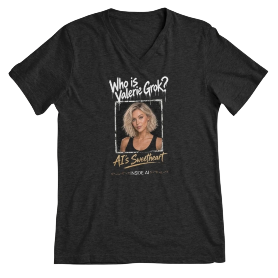 Portrait of Valerie Grok, blonde wavy bob, green eyes, black tank, under dripping type that reads Who is Valerie Grok? V-Neck T-Shirt. AI’s Sweetheart and Inside AI underneath. Fan merch for the show.